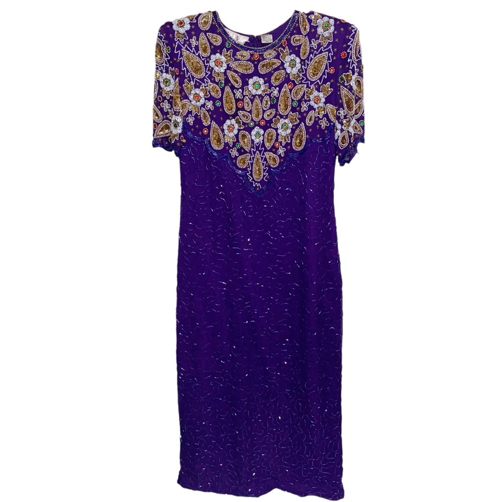 Laurence Kazar Dress Womens Medium Petite Silk Vintage Retro Beaded Evening Art